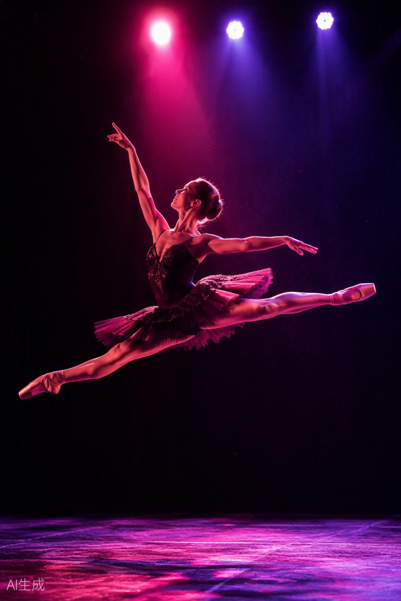 Bailarina da Lótus Florecer em salto no palco